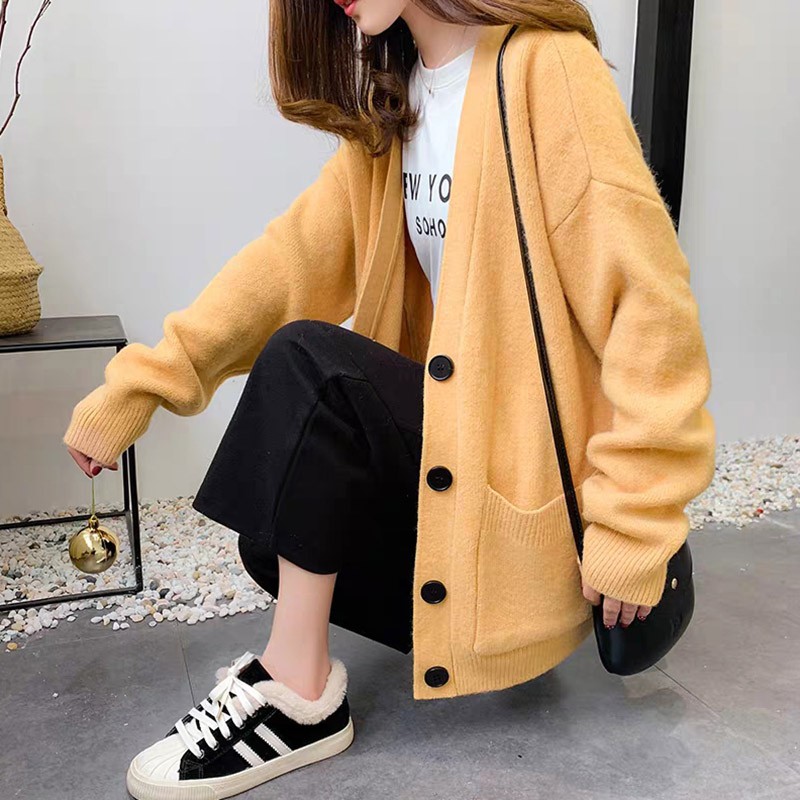 Áo khoác cardigan dệt kim dáng rộng cổ tim dài tay trơn màu xinh xắn thời trang Hàn Quốc thời thượng dành cho nữ