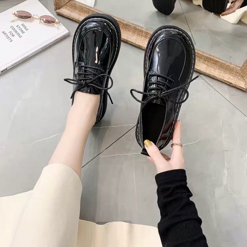 Giày oxford nữ Lolita da lì mũi tròn - Giày boots bốt ulzzang