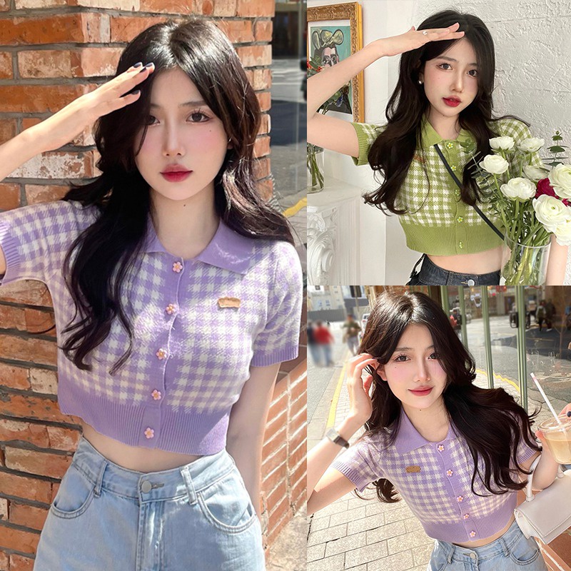 Áo Cardigan Dệt Kim Tay Ngắn Họa Tiết Sọc Caro Phong Cách Nhật Bản Thời Trang Xuân Hè Cho Nữ