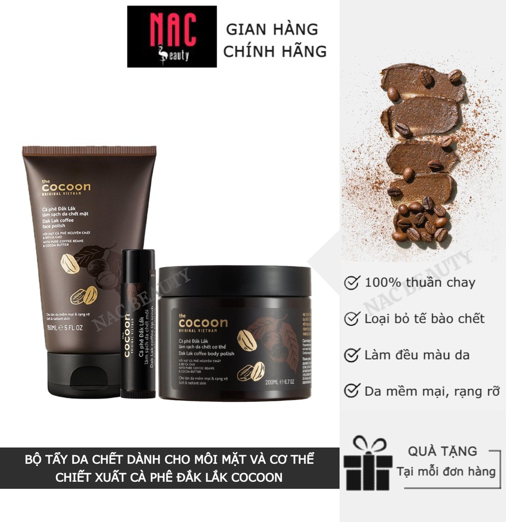 Bộ tẩy da chết mặt môi và cơ thể Cà Phê Đắk Lắk Cocoon Dak Lak Coffee Body Polish 200ml + 150ml +5g