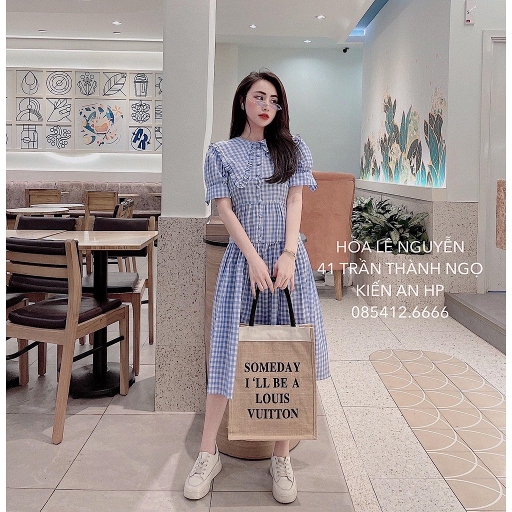 Đầm Nữ Caro Xanh Cộc Tay Dáng Dài 🦋 Váy Nữ Khuy Cài Dáng Xòe 🦋 | BigBuy360 - bigbuy360.vn