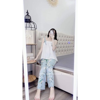 Bộ Mặc Nhà Lụa 2 Dây Quần Dài Lụa Tằm Thái Sang Mịn Đẹp