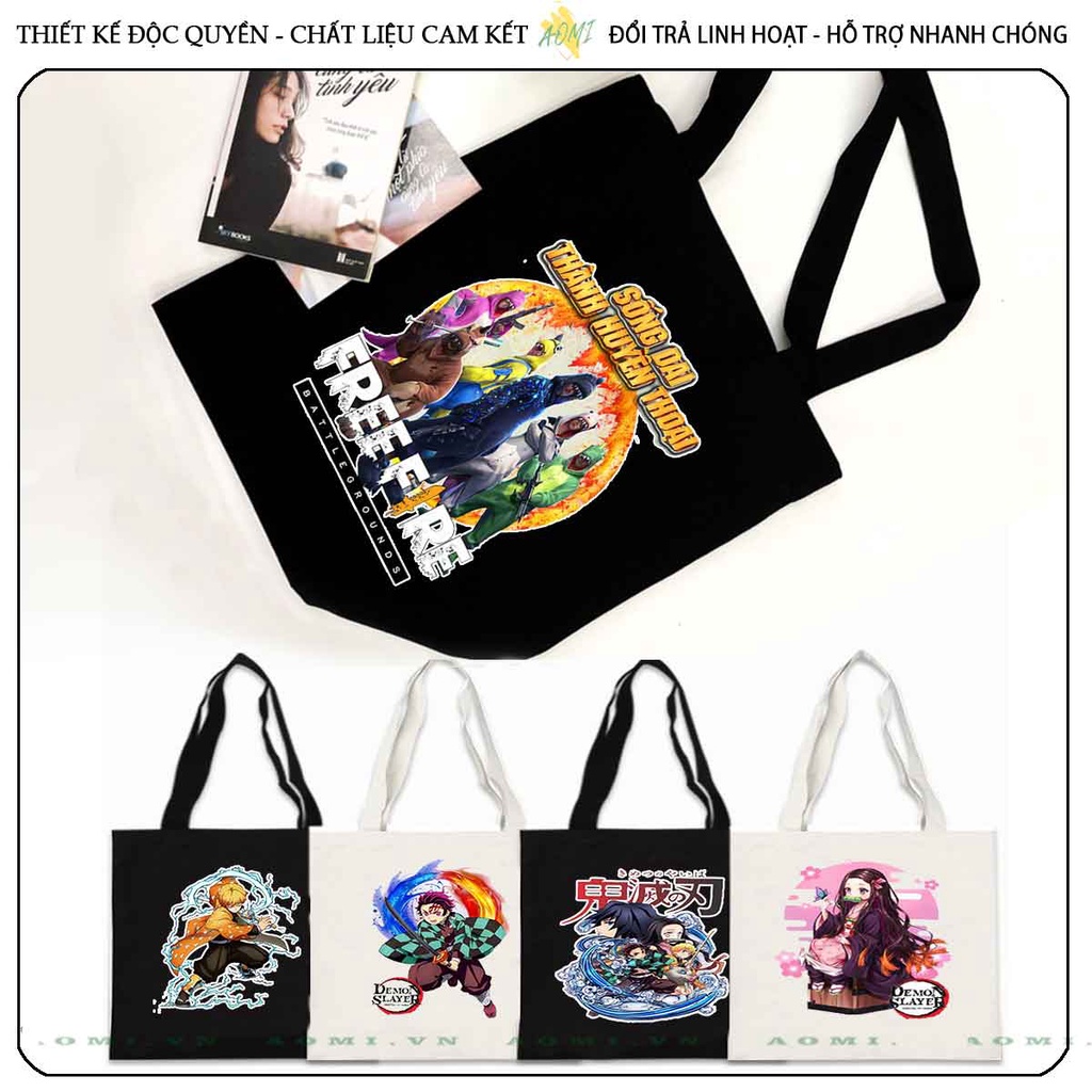 TOTE CANVAS Demon Slayer Kimetsu No Yaiba TÚI VẢI ĐEO VAI BAG CÓ KHÓA KÉO SIZE LỚN 33x38cm AOMIVN DU LỊCH DẠO PHỐ