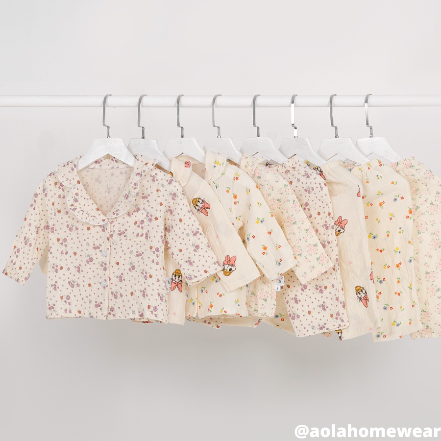 Pijama cho bé gái dài tay mặc ngủ điều hòa vải xô muslin dễ thương Áo Lá Homewear A005, đồ ngủ trẻ em gái