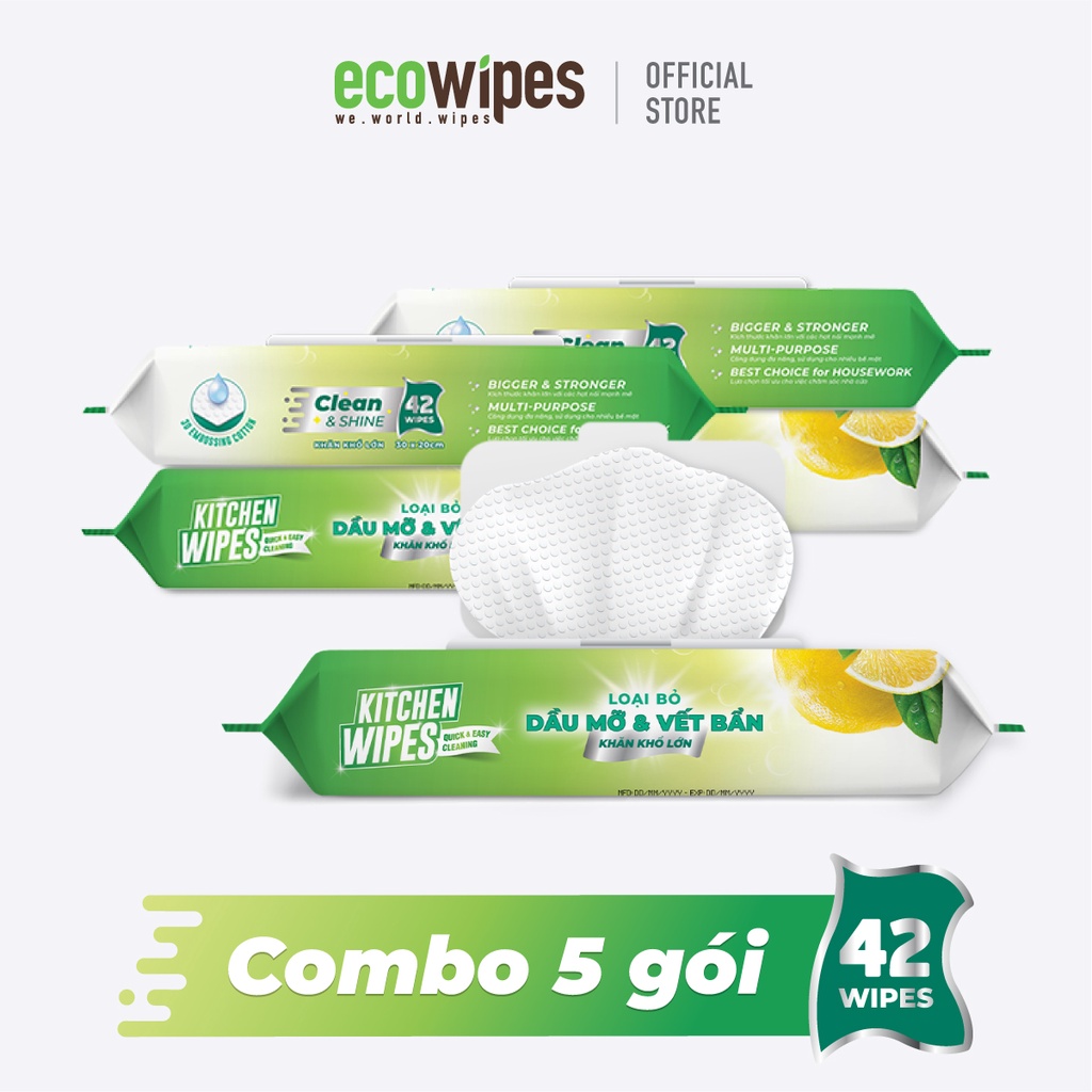Combo 5 gói KHĂN ƯỚT LAU BẾP EcoWipes 42 tờ/gói - Loại bỏ dầu mỡ và vết bẩn