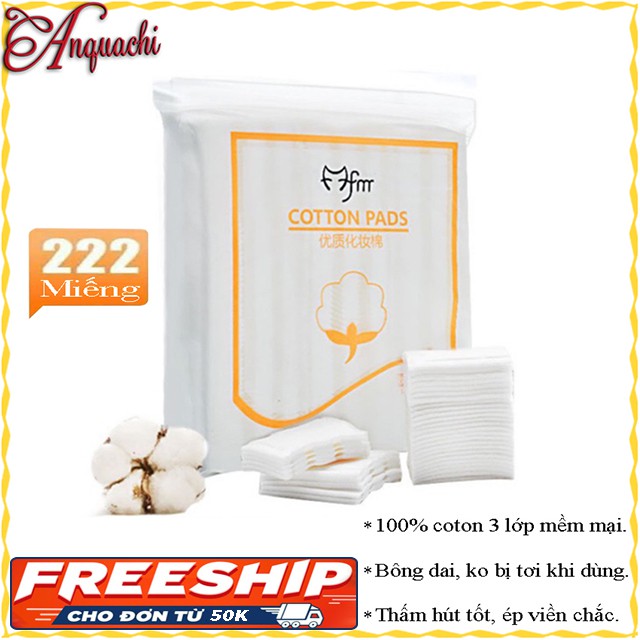 Bông tẩy trang cotton pads 222 miếng dày 3 lớp, ép viền chắc chắn - Chất bông dai, không bị tơi ra khi sử dụng Anquachi