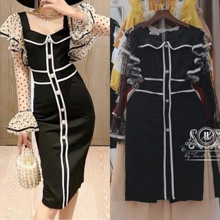 Đầm body viền tay dài phối lưới chấm bi vai bèo Hàng Thiết Kế