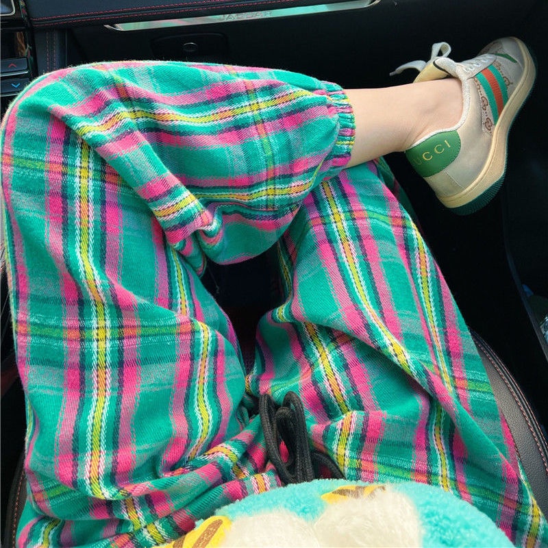 Jiashucheng Quần Dài Dáng Rộng Cỡ Lớn Họa Tiết Sọc Caro Thời Trang Trẻ Trung