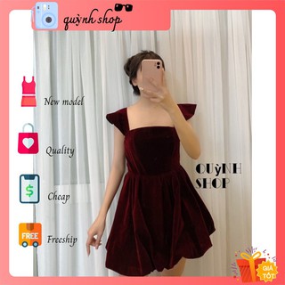 Đầm nhung đỏ bo thân tay cánh tiên dáng xoè chất nhung 2 da