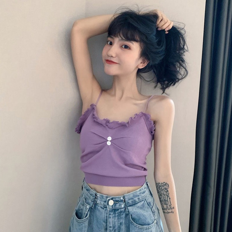 Youyo Áo Croptop Dệt Kim Sát Nách Màu Trơn Dáng Ôm Cài Nút Nhiều Màu Cho Nữ