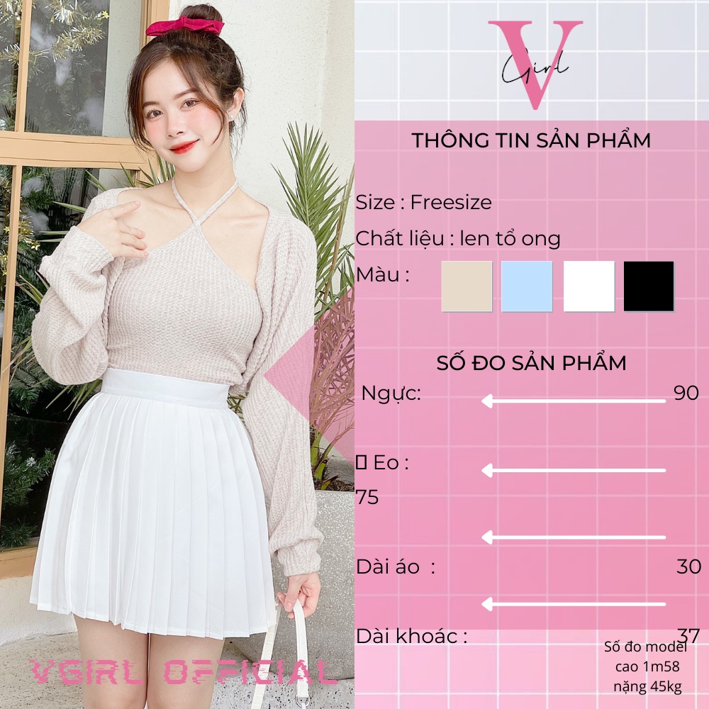 Set áo croptop cổ yếm VGIRL kèm áo khoác cardigan tay bồng khoác lửng chất len mềm