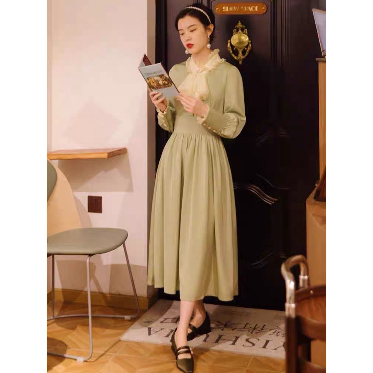 Váy xanh nữ cổ nơ 💖FREESHIP💖 Váy ren cổ nơ Vintage cúc ngọc ,hàng thiết kế tỷ mỉ ,đang Hot nhất nhé các chị em