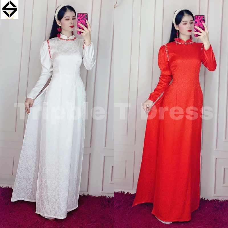 Sét bộ áo dài kết nút ngọc chất gấm tơ cao cấp mặc cô dâu cưới nhẹ nhàng TRIPBLE T DRESS - size S/M/L/XL - MS01Đ