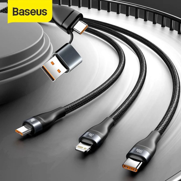 Cáp sạc đa năng Baseus Flash Series 2 sang 3 đầu Micro+Lighting+Type C công suất 100W dài 120cm cho điện thoại,tablet
