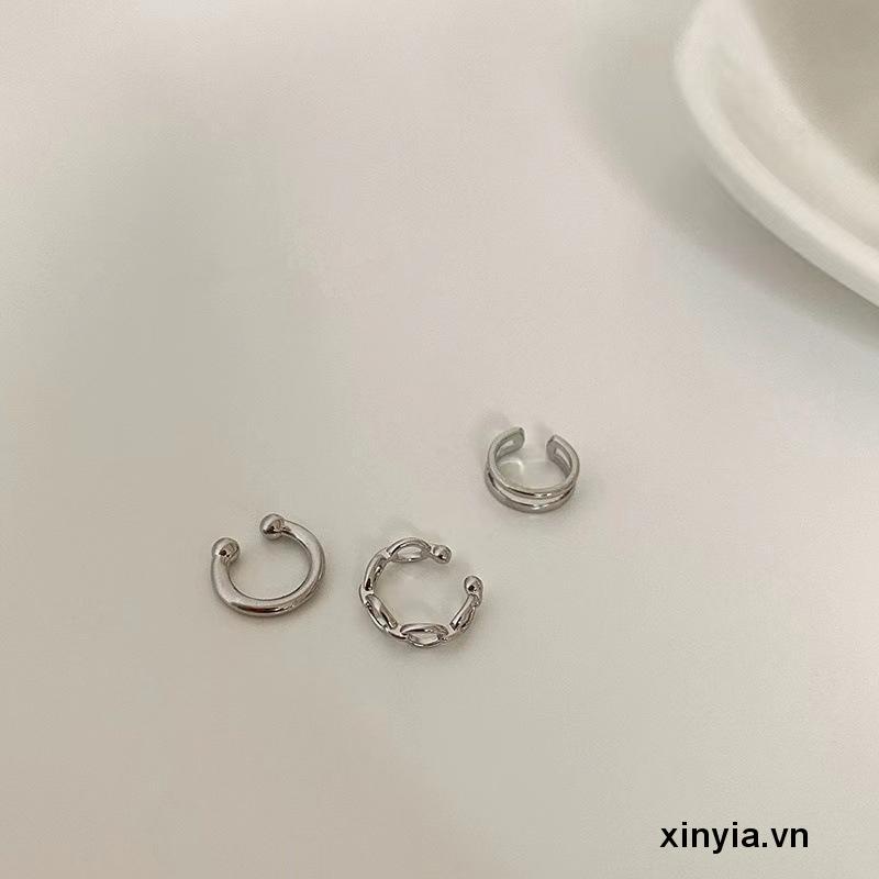 Set 3 khuyên kẹp vành tai màu bạc đơn giản phong cách hip hop Hàn Quốc