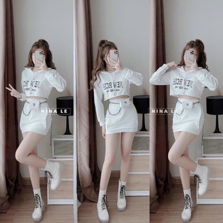 Sét bộ nữ, áo croptop tay dài kèm chân váy