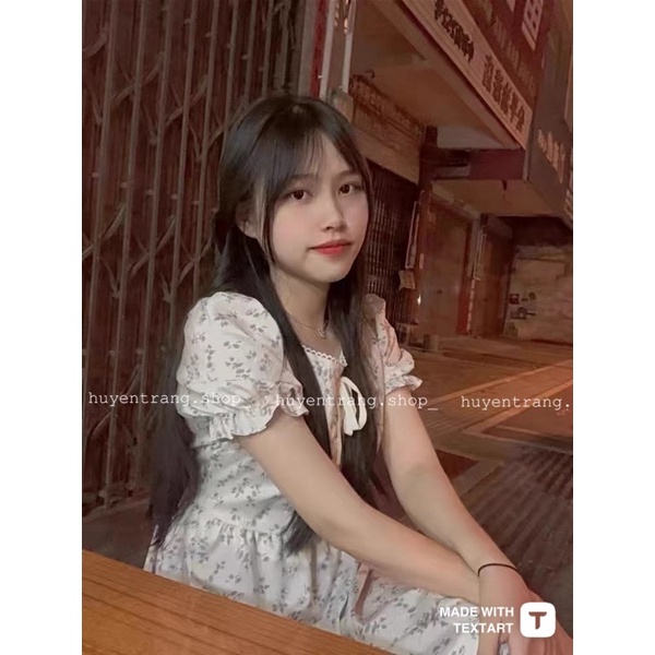 Váy hoa nhí tay phồng chiết eo phong cách Hàn Quốc