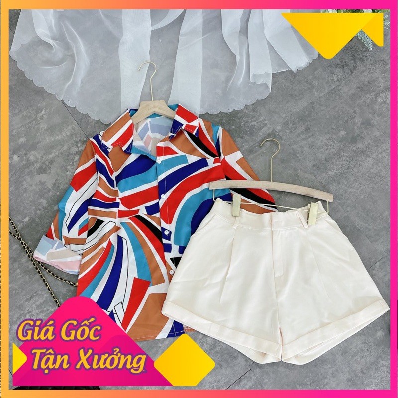 Sét Áo Sơ Mi Phối Màu Mix Quần Sooc Đùi Lật [ 𝐅𝐑𝐄𝐄 𝐒𝐇𝐈𝐏 ]  Gấu Cực Sịn Chất Lụa Đũi Mềm Sooc Kaki Giãn Mềm