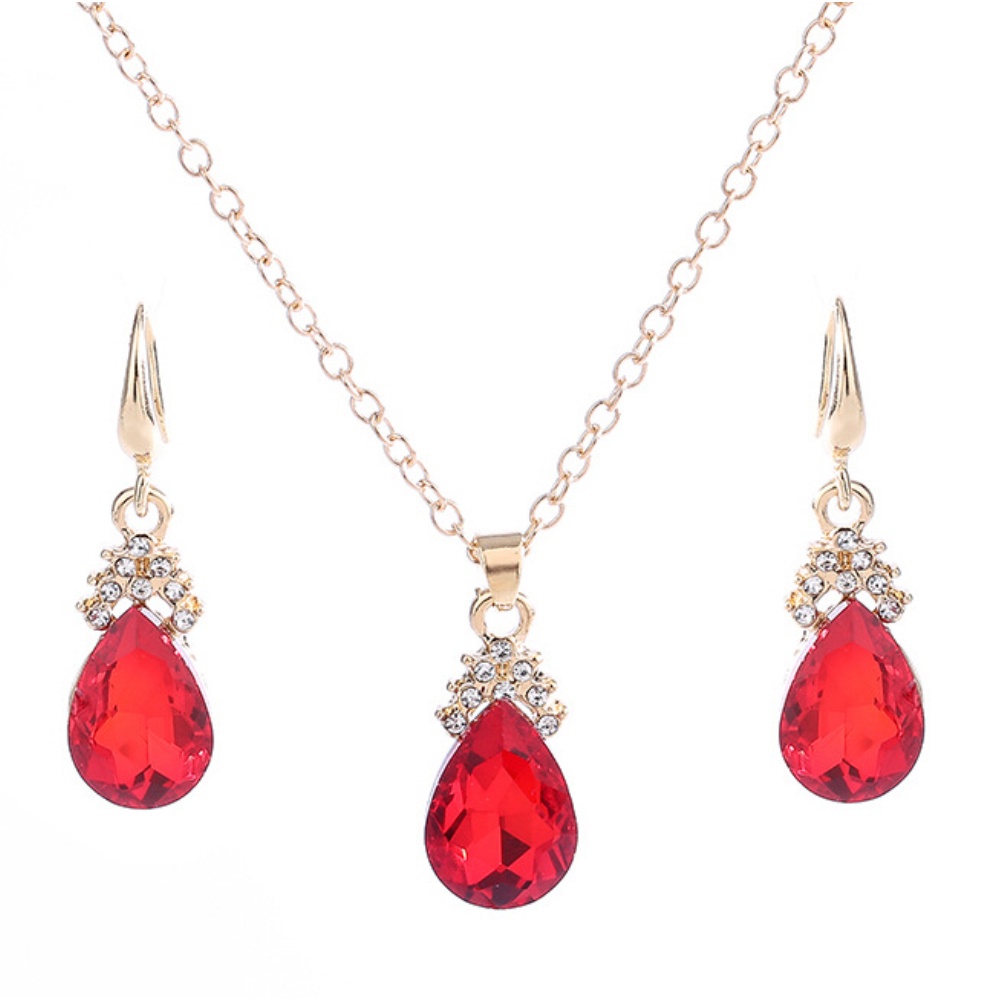 Bộ Vòng cổ + Đôi Khuyên Tai HìNh GiọT NướC ĐíNh Kim Cương Giả ThờI Trang Cho Nữ