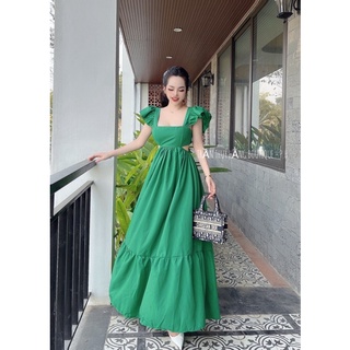 Váy maxi thô nơ lưng tay cánh tiên