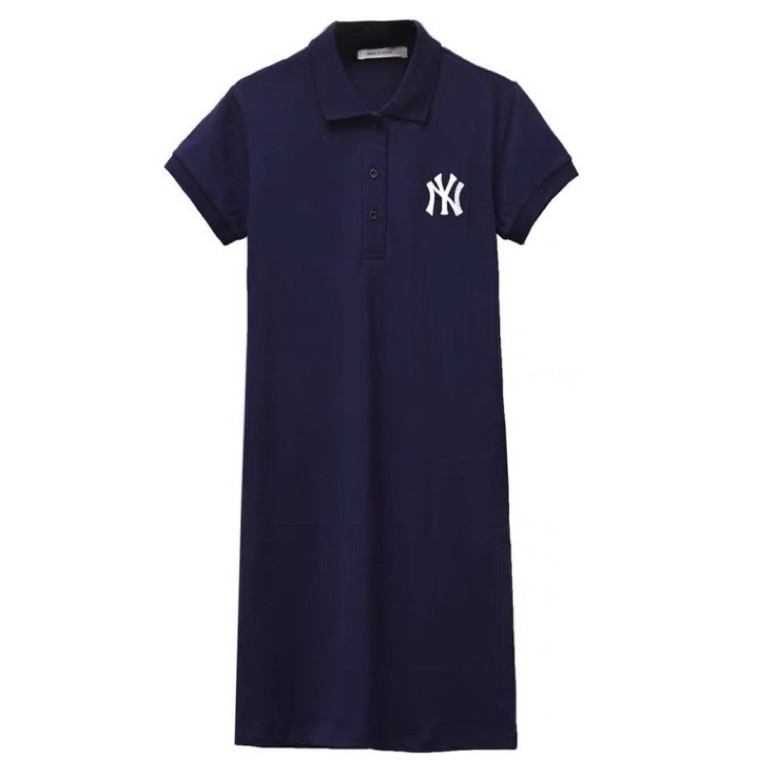Váy polo nữ đầm chất cá sấu thêu chữ màu xanh than
