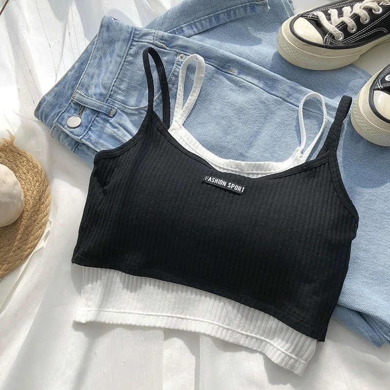 Áo Bra Nữ Áo Ống Giả Hai Mảnh Có Đệm Ngực Màu Tương Phản Phong Cách Hàn Quốc Dễ Thương Cho Nữ