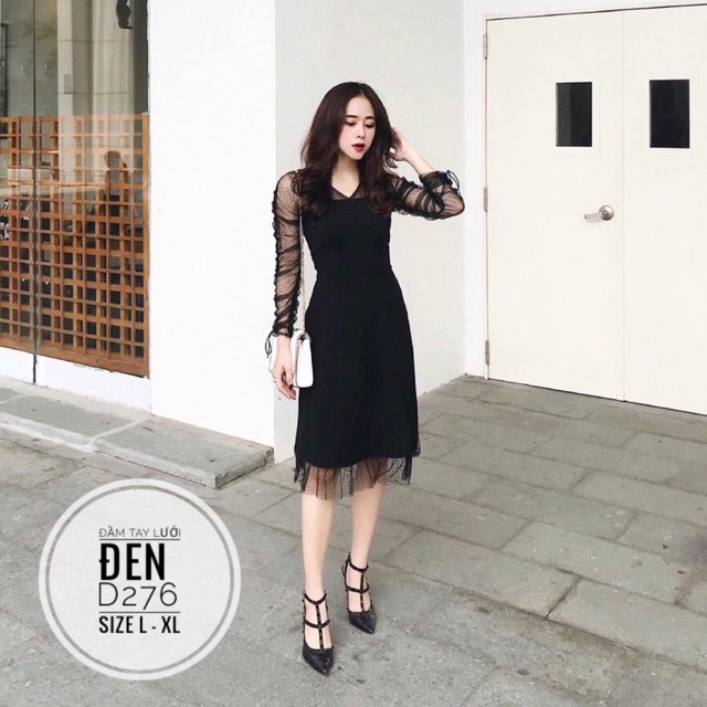 Bigsize Đầm tay lưới đen D276