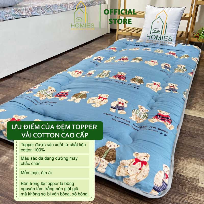 Kèm Túi Xách - Topper nệm bông HOMIES Bedding & Décor xuất Nhật  cao cấp , Đệm Topper Đàn gấu, Tấm làm mềm đệm