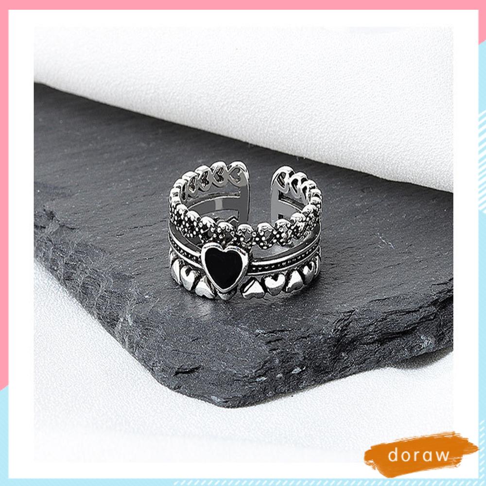 DORAW Open Vintage Jewelry Black Ring For Women Ins Simple Style|Personality Adjustable Heart