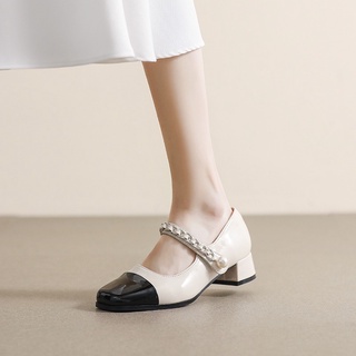 (HÀNG CÓ SẴN) Giày cao gót da bóng 3,5cm phối màu quai xích BIG SIZE 41-43