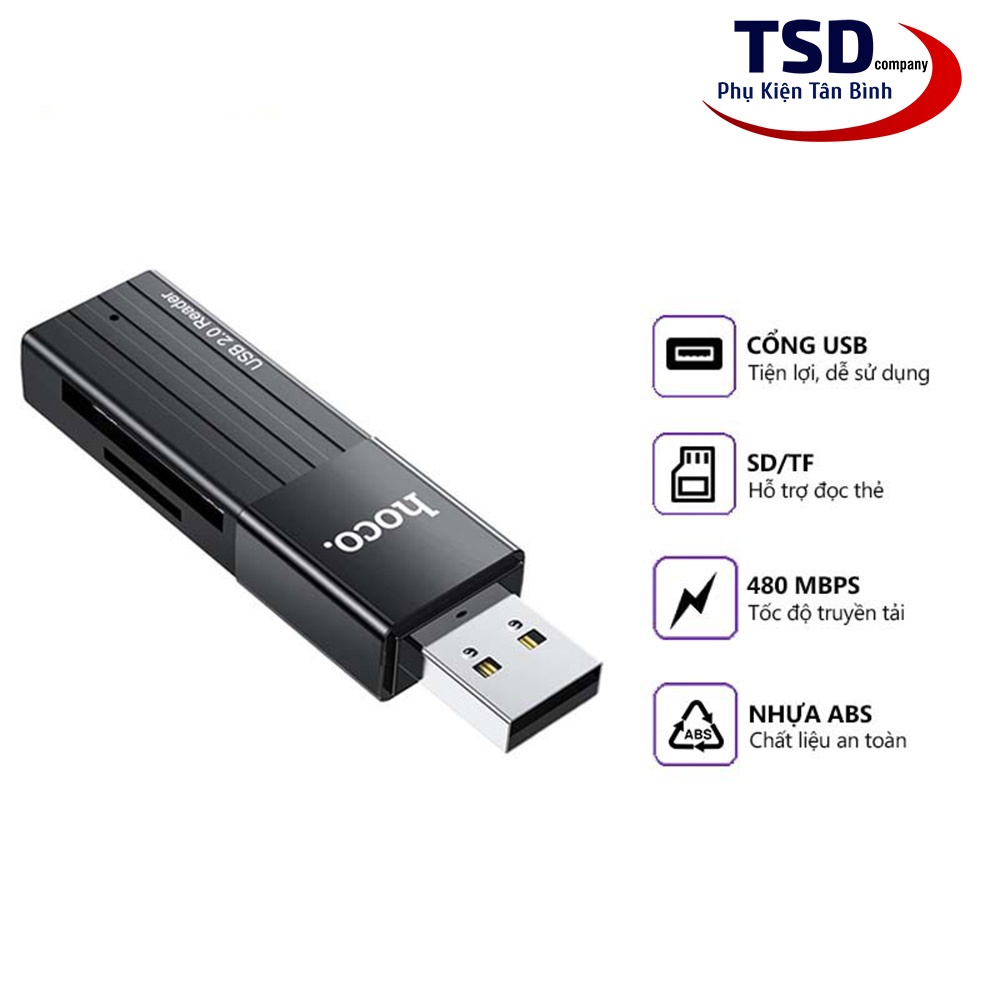 Đầu Đọc Thẻ Nhớ 2.0 Hoco HB20 Chính Hãng, Khe Cắm Thẻ SD &amp; Micro SD