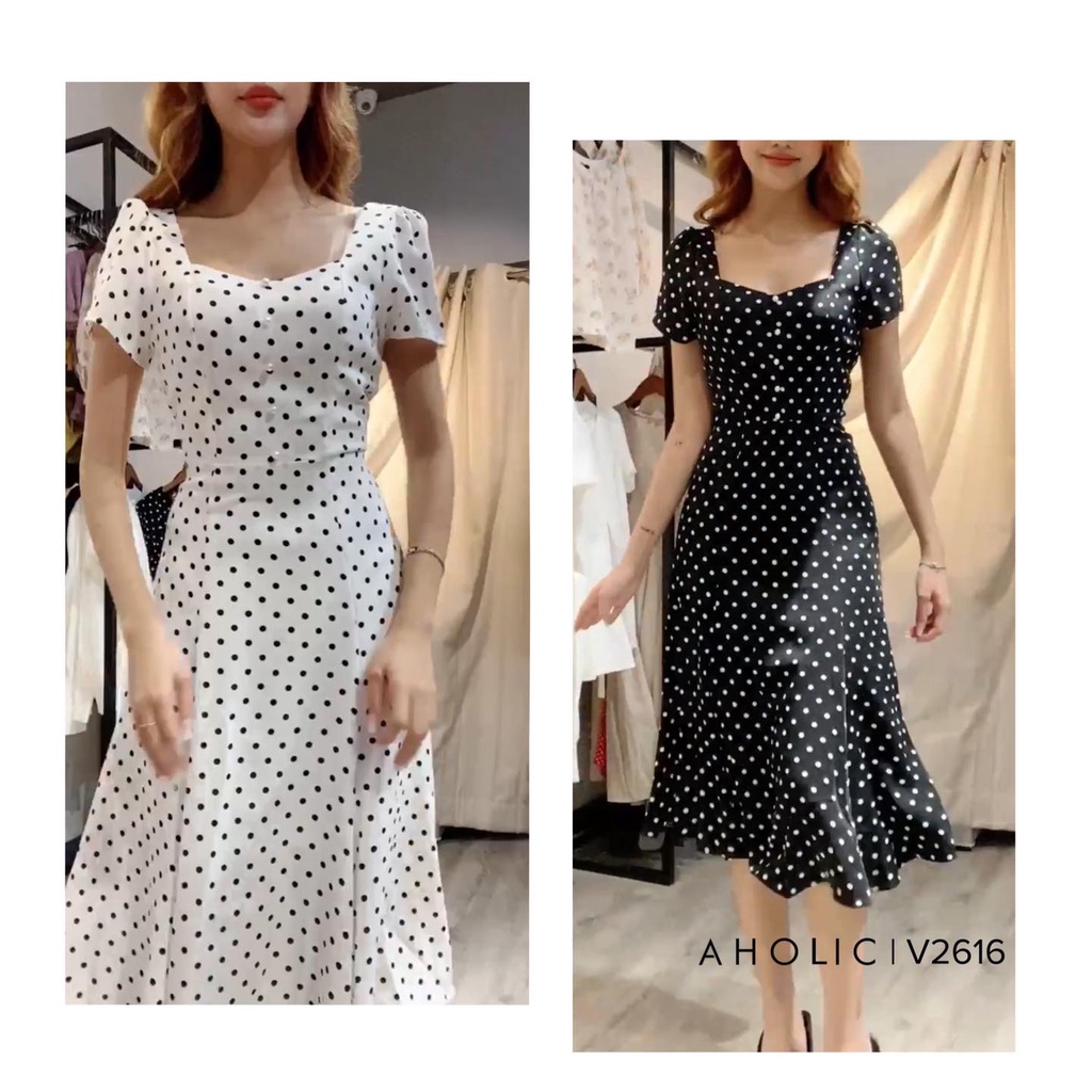 Đầm chấm bi form tulip cổ vuông 2 màu đen trắng V2616 Aholic