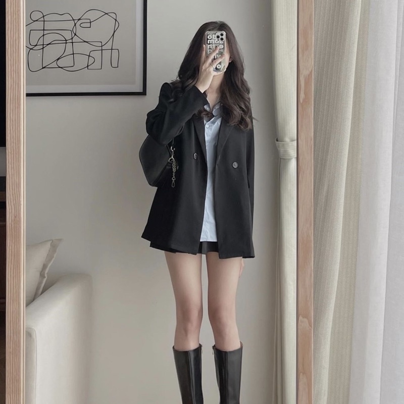 Áo blazer nữ áo vest dài tay khoác ngoài phong cách hàn quốc màu đen nâu tây kẻ 2 lớp xinh. MIALA