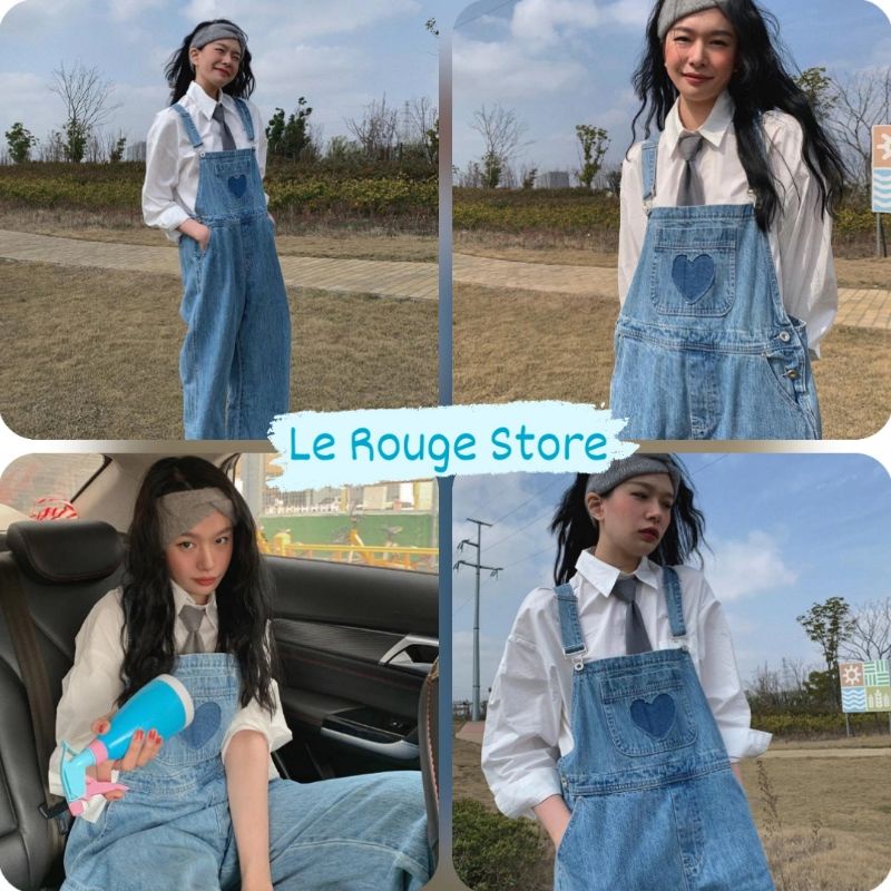 (HÀNG ORDER) Quần yếm bò dáng ống suông dài ống rộng trái tim xanh 💙 size trên m6 trên 50kg (ảnh thật)