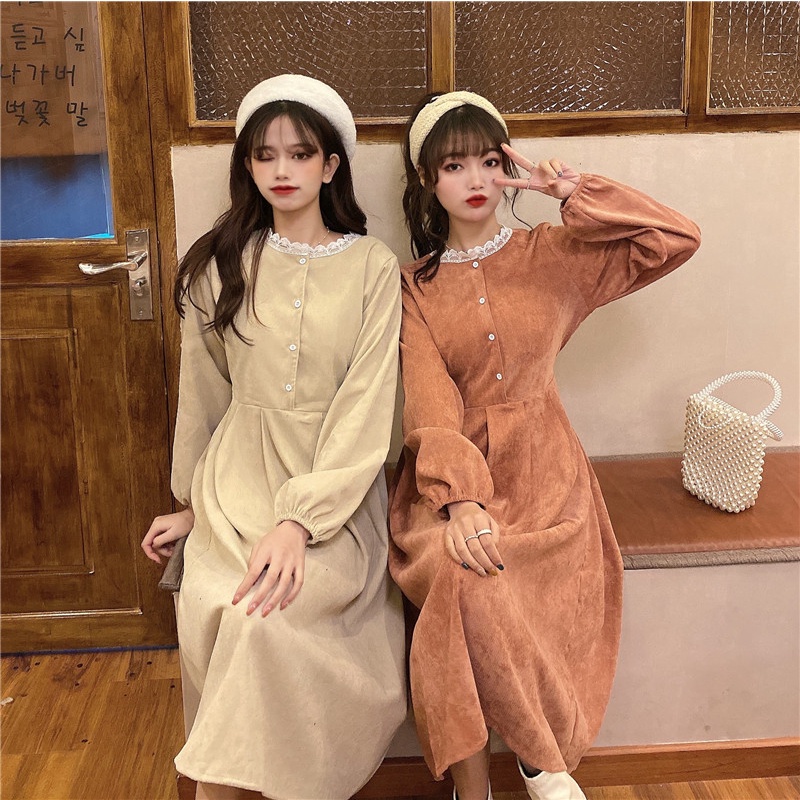 【ZHELIHANGFEI】Đầm Nhung Dài Qua Gối Dài Tay Phong Cách Mới