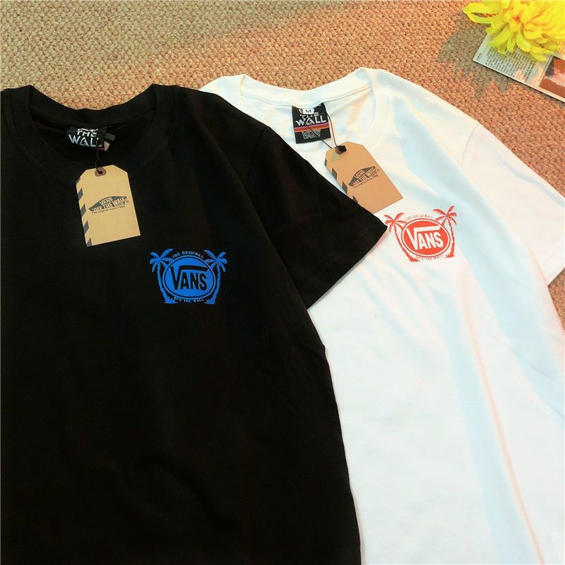 Vas Áo Thun Cotton Nguyên Chất Tay Ngắn Dáng Rộng Có Cổ Nhãn Dán Hình Cây Dừa Phong Cách Đường Phố Vans + Tag Cho Nam Và Nữ
