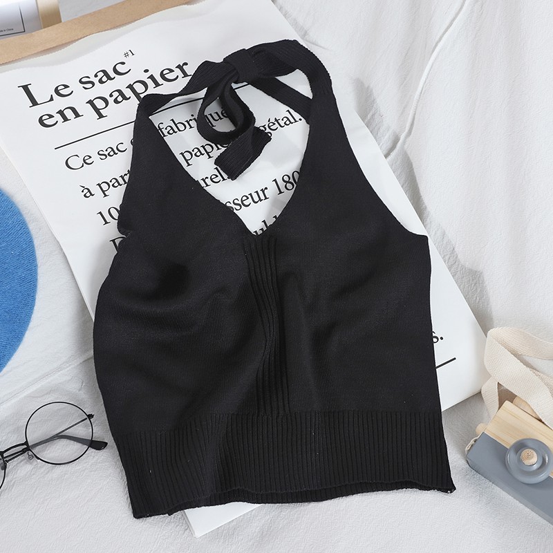Áo croptop len tăm buộc dây cổ hở lưng sexy