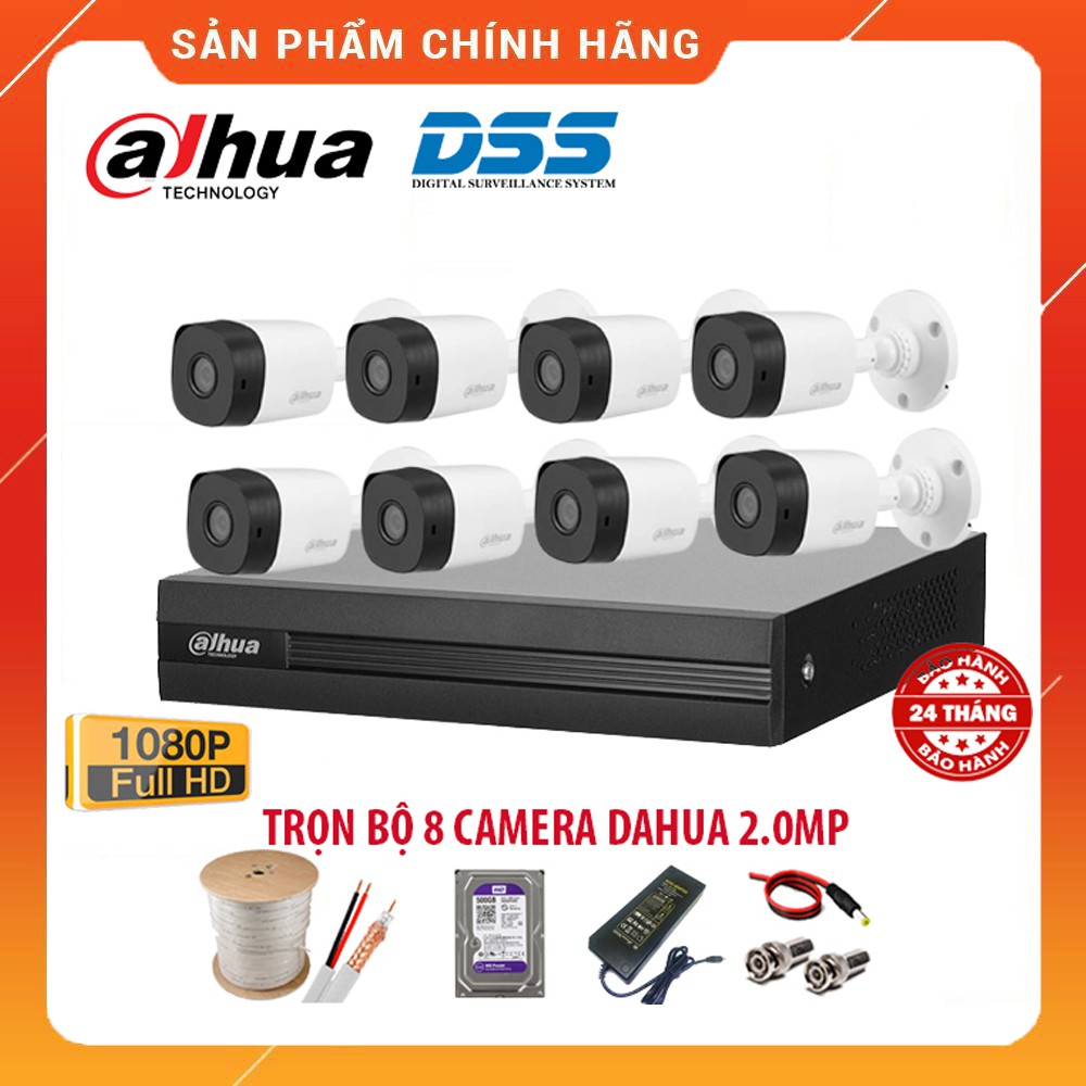 Trọn Bộ camera giám sát Dahua 2.0MP, FHD 1080P - Đủ bộ 8 MẮT 2.0MP, KÈM HDD 500GB, Đầy đủ phụ kiện lắp đặt