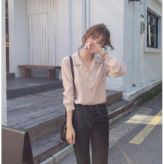 Áo sơ mi nữ tay dài màu trơn thời trang đơn giản 35923