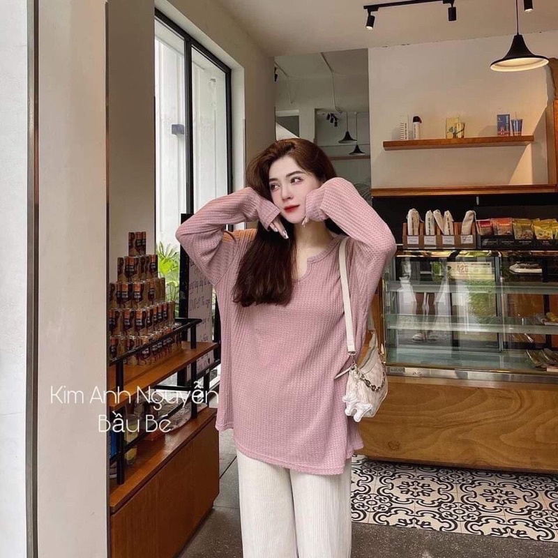 Áo chất tổ ong mỏng dài tay thu đông cổ xẻ V 4 màu hồng trắng đen xanh nhẹ nhàng ullzang Nhungkudo