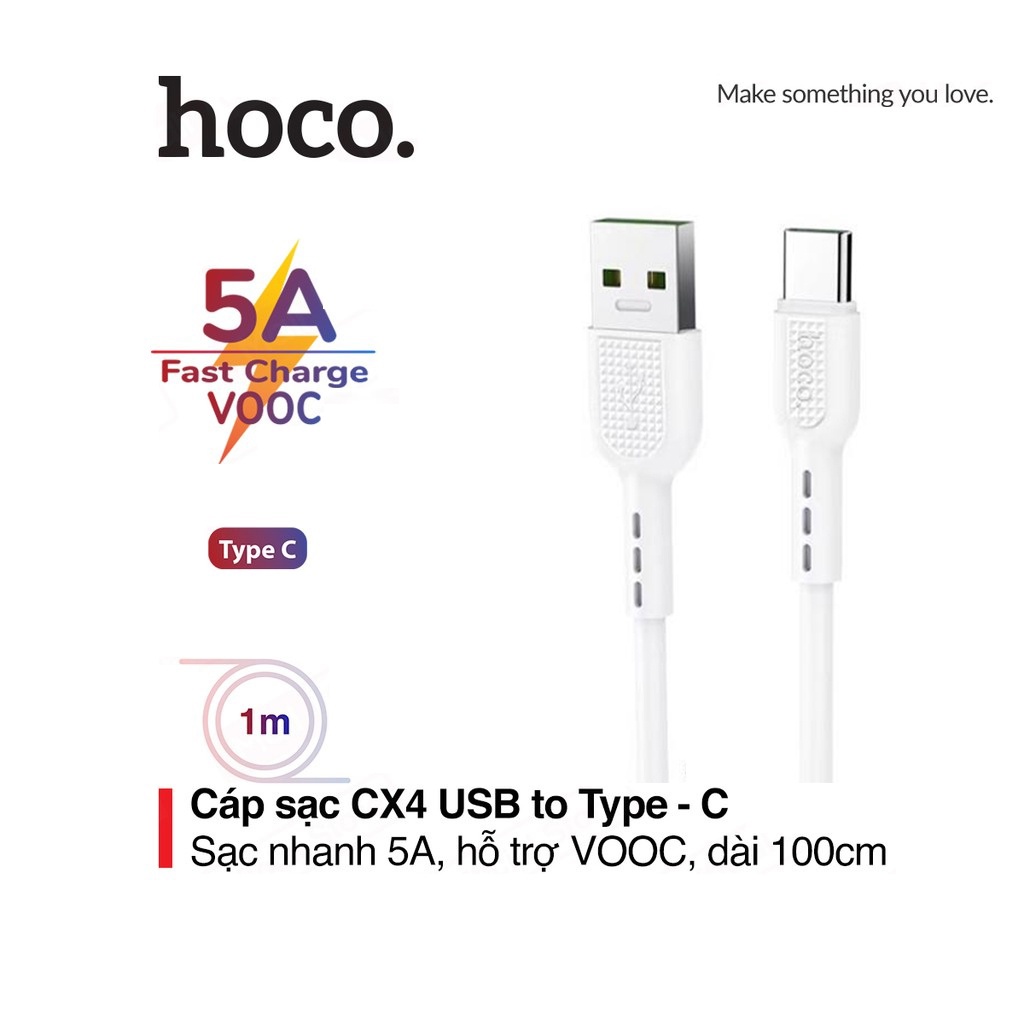 Cáp Sạc Nhanh Hoco CX4 USB to Type-C, IP, Micro USB Hỗ Trợ Sạc Nhanh 3A, Có Hỗ Trợ Sạc VOOC, Chiều Dài 1 Mét