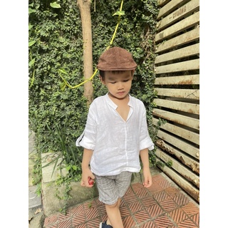 Áo sơ mi bé trai cổ trụ Linen lụa