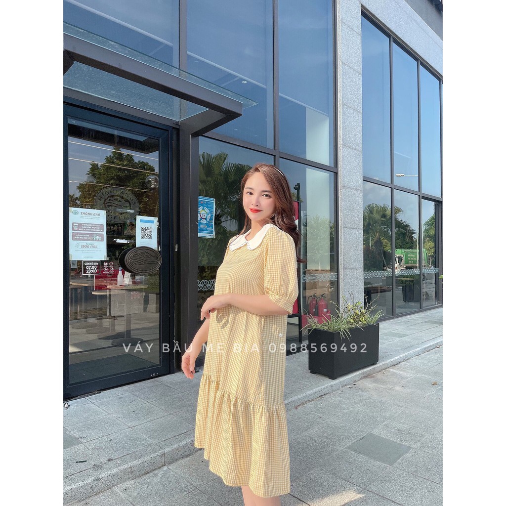 Váy bầu bigsize -Đầm bầu thiết kế GuMe Kẻ caro Vàng dáng đuôi cá Cổ Sen Trắng Tay Lỡ chất vải thô cotton mềm MB263