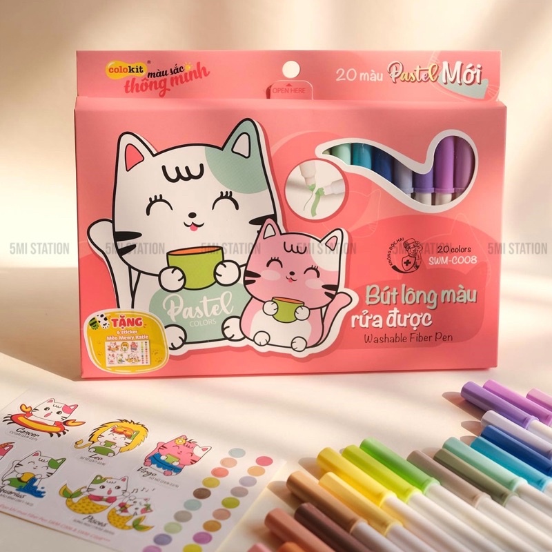 Bút Lông Rửa Được 20 Màu Pastel Washable Fiber Pen Thiên Long Colokit - Viết Nét Thanh Nét Đậm