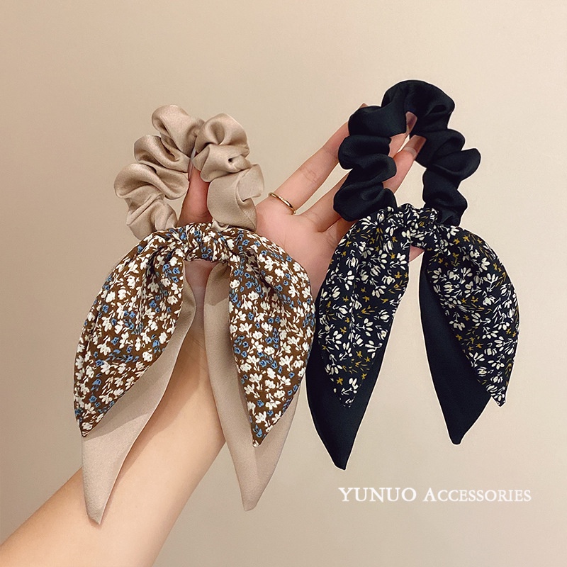 Cột tóc scrunchies vải trơn bóng họa tiết cổ điển thắt nơ S01