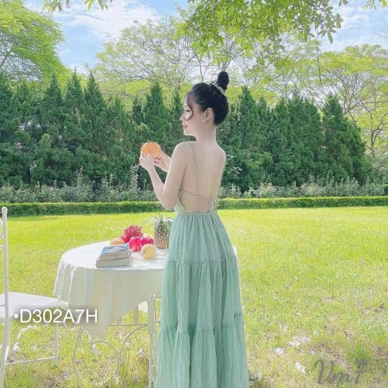 Đầm Đi Biển D302A7H Váy 2 Dây Maxi Hở Lưng Đệm Ngực Dáng Xòe Tầng Vải Đũi Xốp