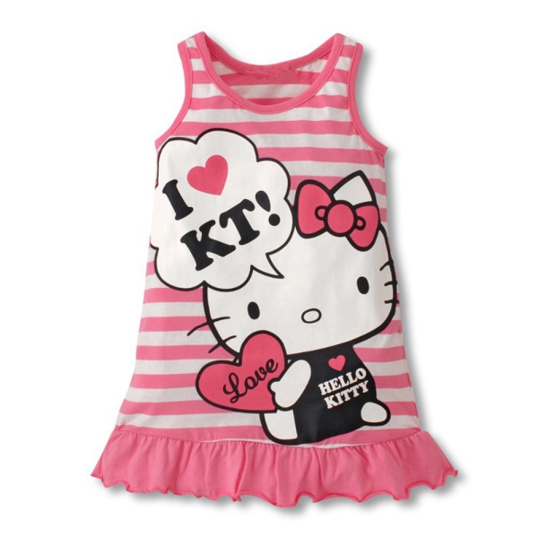 Đầm Sát Nách Kẻ Sọc Hình Hello Kitty Cho Bé Gái