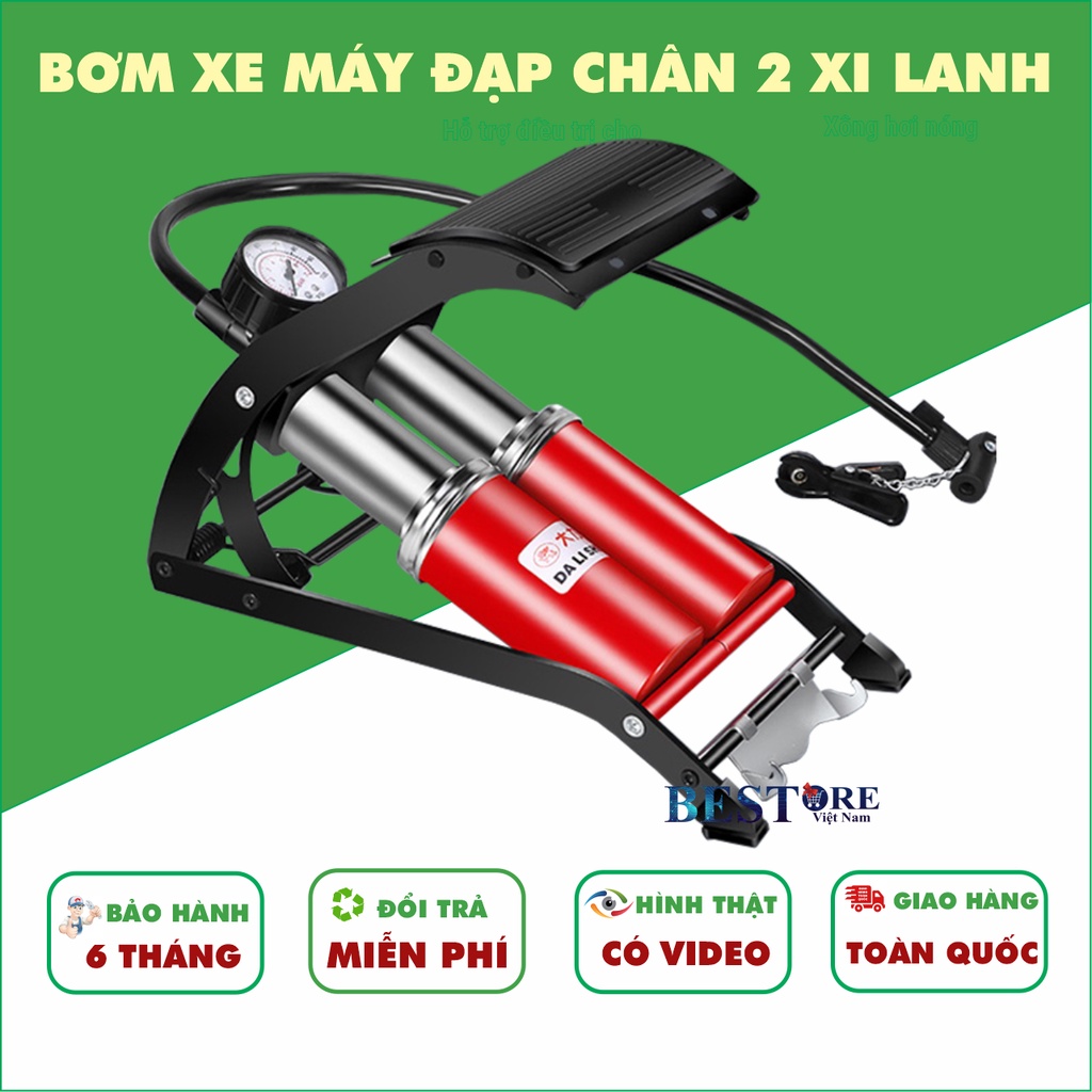 Đồ bơm xe đạp, xe máy loại 2 xi lanh cao cấp, đạp chân tiện lợi