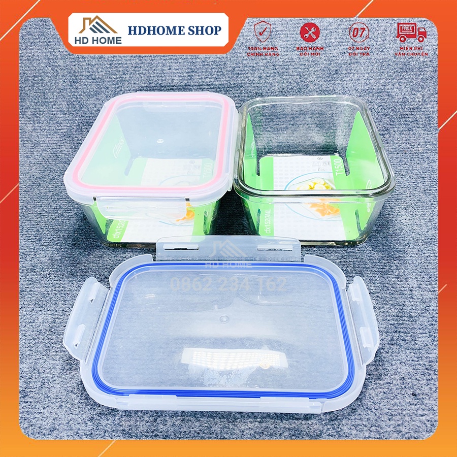 Hộp đựng thức ăn bằng thủy tinh hình chữ nhật có nắp chống tràn tiện lợi T1500 dung tích 1,5L
