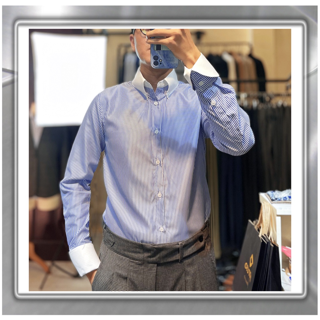 Áo sơ mi nam, kẻ xanh phối lụa trắng MARUSO tay dài công sở slimfit, vải lụa cao cấp, chống nhăn, thấm hút mồ hôi tốt